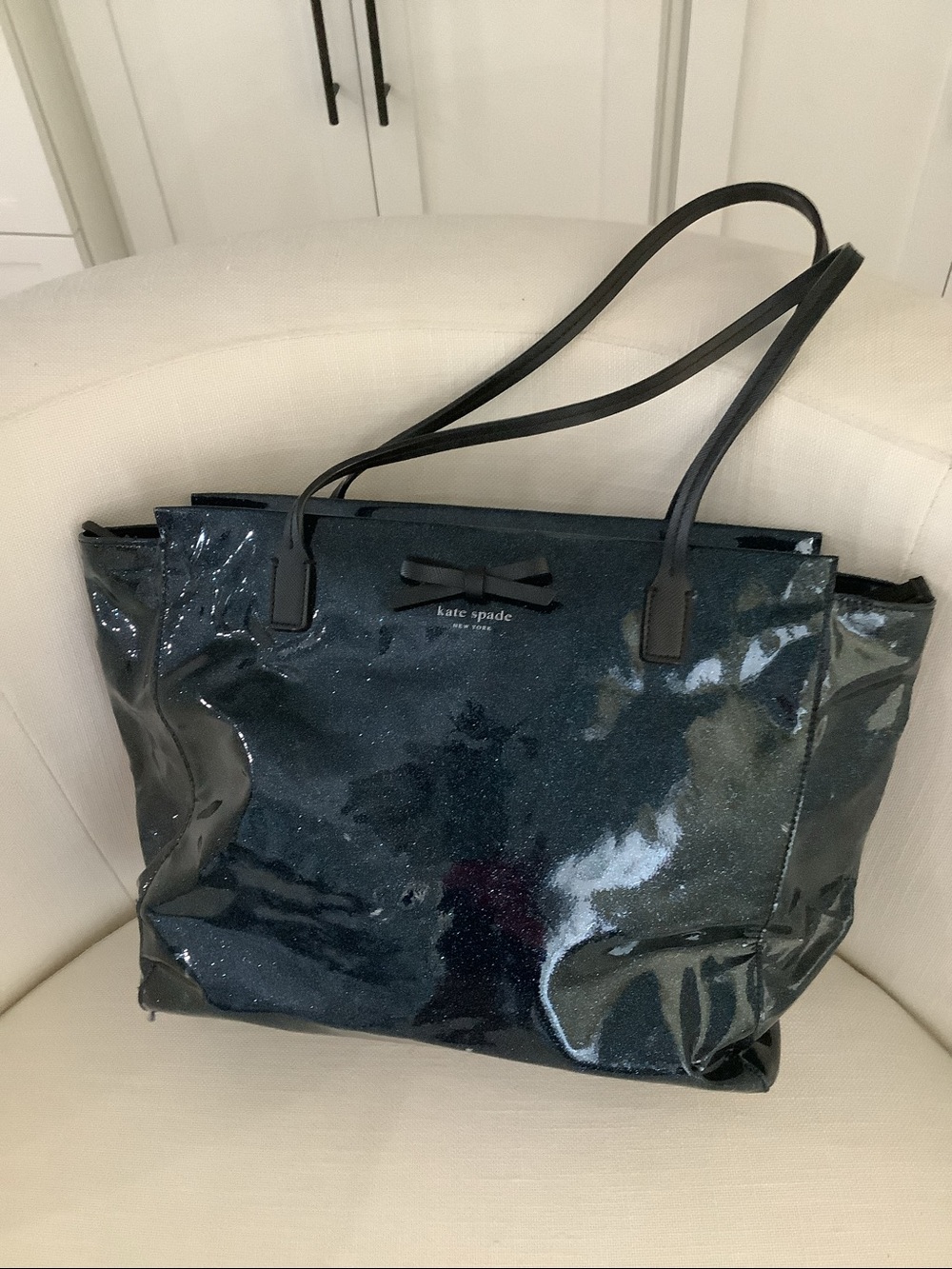 Kate Spade Navy Blue Glitter Tote Bag Black Bow Sparkle